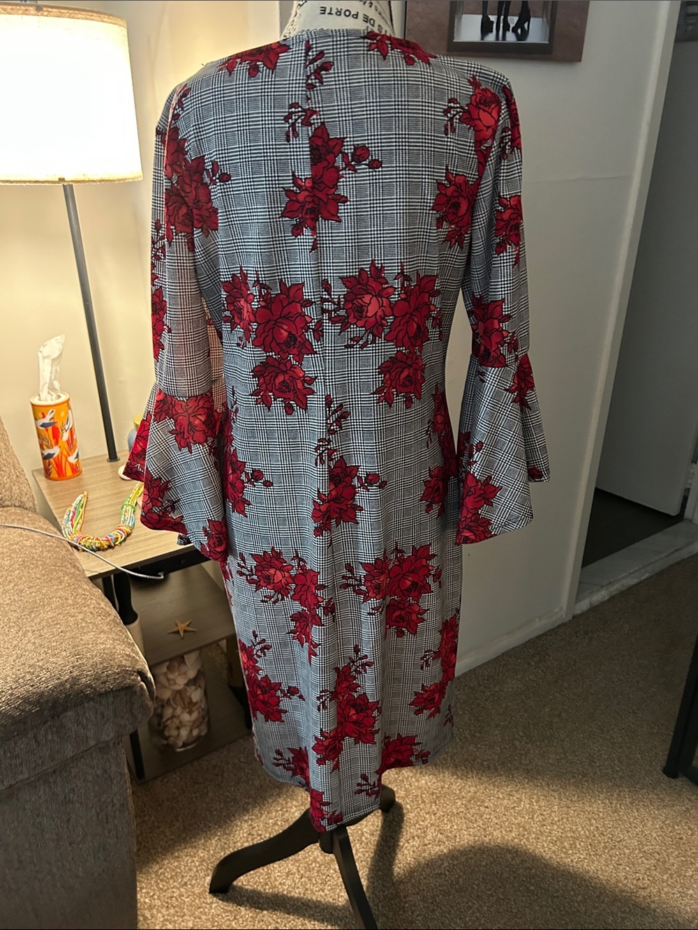 Olivia Matthews Plaid Midi Dress with Red Floral Print - Picture 2 of 2